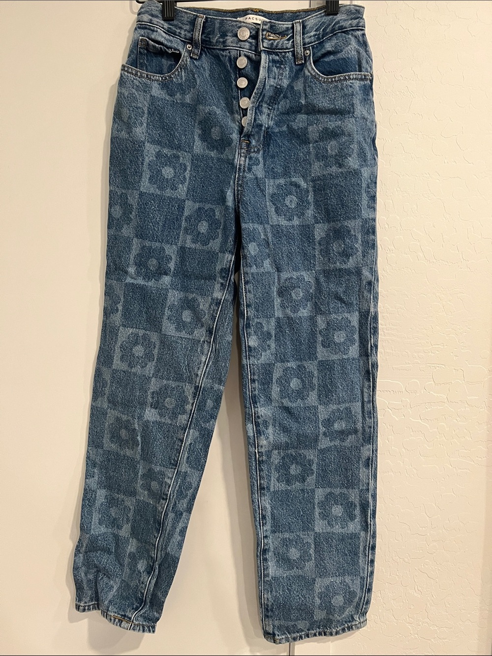 PacSun Blue Floral Checker Straight-Leg Jeans